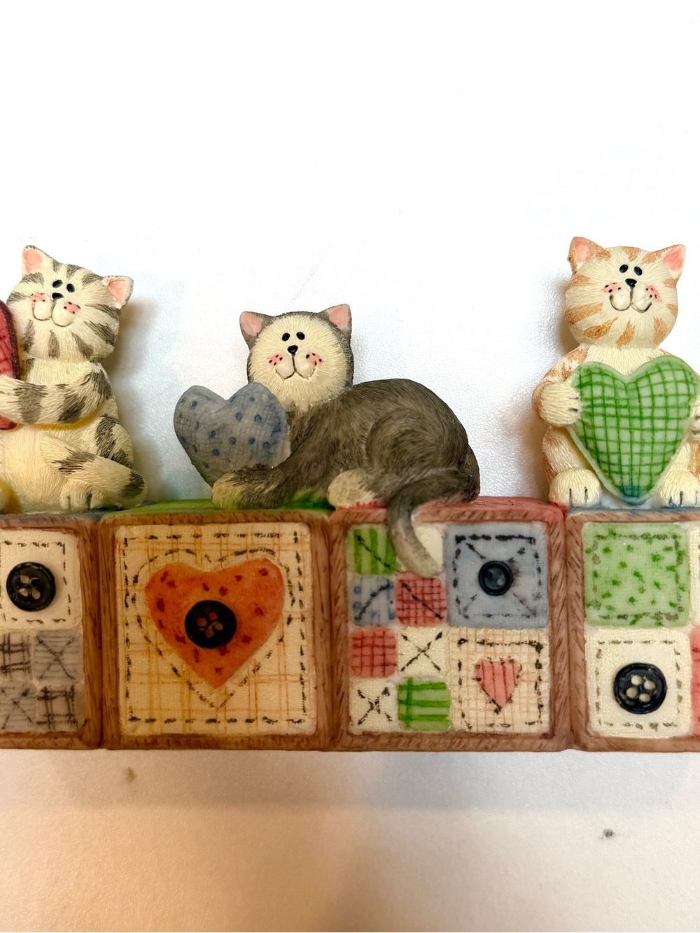 Gray Cat Figurine on Quilted Block Shelf Accent